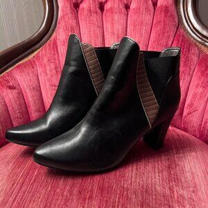 Mark. Black and Brown Ankle Booties Size 8 Vegan Friendly 3" Chunky Heel
